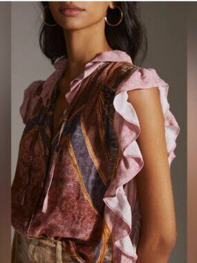 Mes Demoiselles Paris Baclia Ruffled Button Down Sleeveless Blouse | Size 10